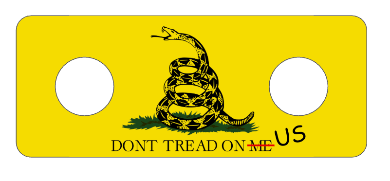 Yellow license plate with a snake design and 'Don't Tread on Me' text.