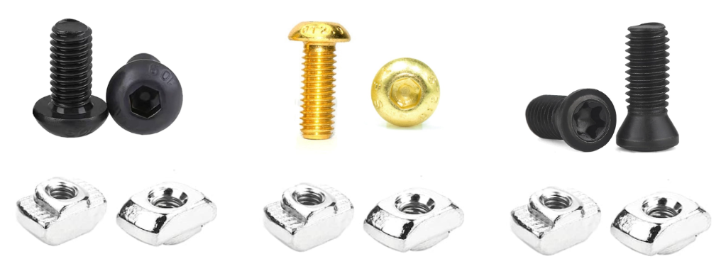 Collection of screws and nuts in various colors on a white background